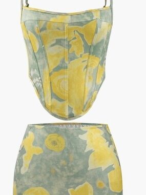 Yellow & Sage Romantic Rose Two Piece Corset Top Miniskirt Avant Guard Size L